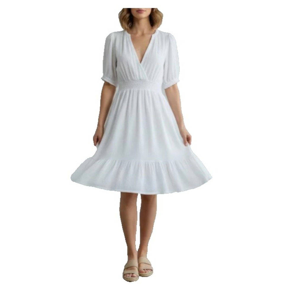 Joie White Cotton Gauze Midi Dress L Smocked Waist Puff Sleeve Boho Coastal